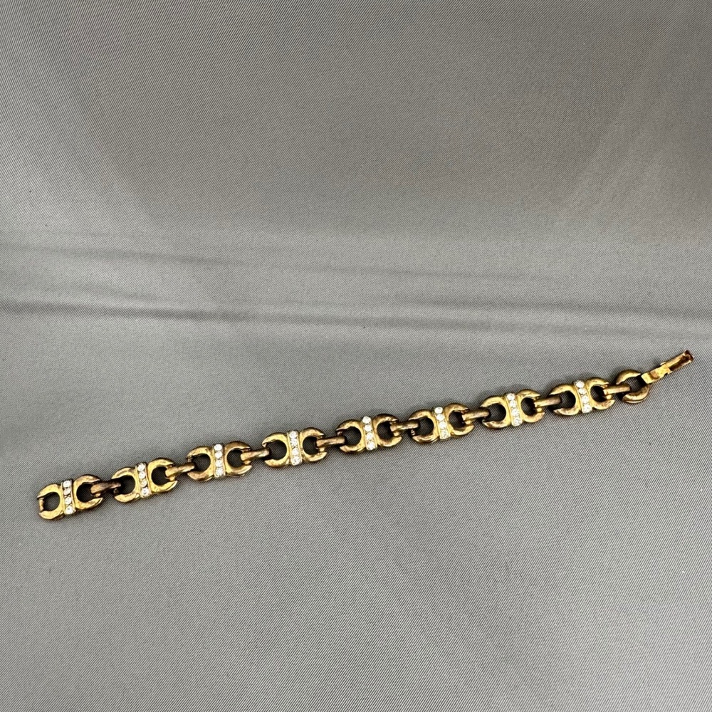 Vintage‎ Gold Tone Rhinestone Scroll Link Bracelet 7.5 Inch Fold Over Clasp